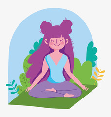 Fototapeta na wymiar young woman practicing yoga in lotus posing on mat outdoor