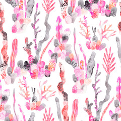 Watercolor seamless pattern. Algae, underwater world, coral, sea. Background, textiles, wallpaper, wrapping paper.