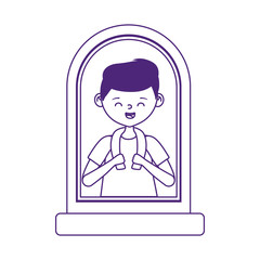 young man with in window isolated icon white background line style