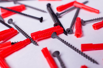 screws and dowels are randomly arranged on white background