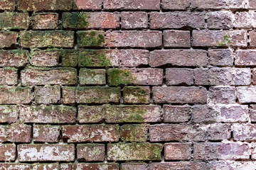 Red White Wall Background. Old Grungy Brick Wall Horizontal Texture. Brickwall Backdrop. Stonewall Wallpaper. Vintage Wall With Peeled Plaster. Retro Grunge Wall. Brick Wall With White Uneven Stucco