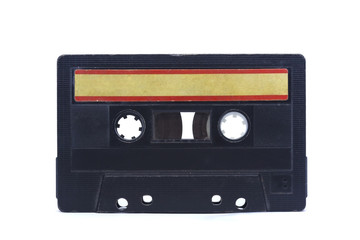 Obraz premium old vintage tape audio cassette with stickers on white isolated background layout. retro vintage 80's 90's music concept