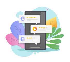 Fototapeta premium Reviews rating online bubbles on mobile phone or customer feedback testimonials on smartphone vector flat cartoon colorful, cell phone with good and bad rate client experience modern design