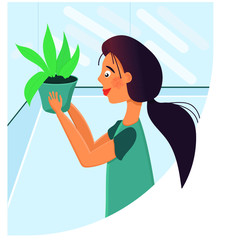 Vector illustration of a young girl arranging flower pots on the balcony.