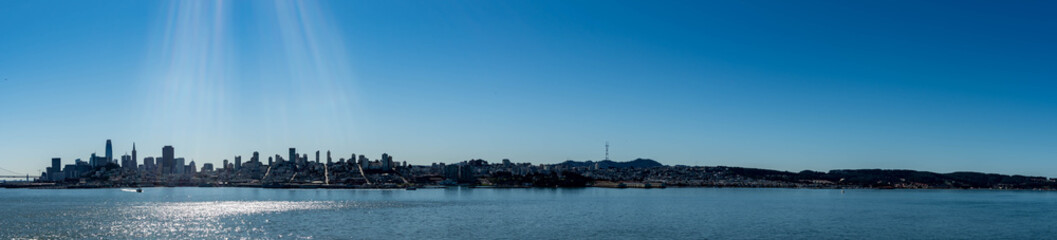 Panorama shot of the San Francisco California Downtown Skyline from Alcatraz viewing deck