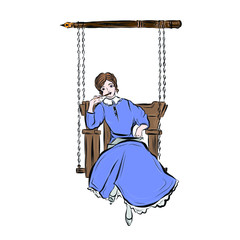Woman writer. Lady in vintage style writes book while sitting on swing. 