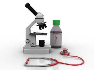 3d rendering Microscope with stethoscope near sanitizer