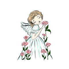 Girl angel with flowers. Fairytale character from the bible with wings. Fairy in dress. 