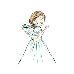 Girl angel with wings prays God. Biblical heavenly symbol of man with wings. Decor for Christmas, Easter and other religious holidays.