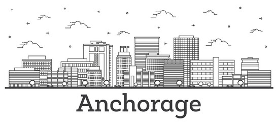 Outline Anchorage Alaska City Skyline with Modern Buildings Isolated on White.