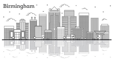 Obraz premium Outline Birmingham Alabama City Skyline with Modern Buildings and Reflections Isolated on White.