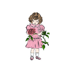 Shy little girl in pink dress, sandals and socks holding red flower. Design for greeting postcard Birthday, Mother's day, International Women's Day. Use for print, design, children's books.