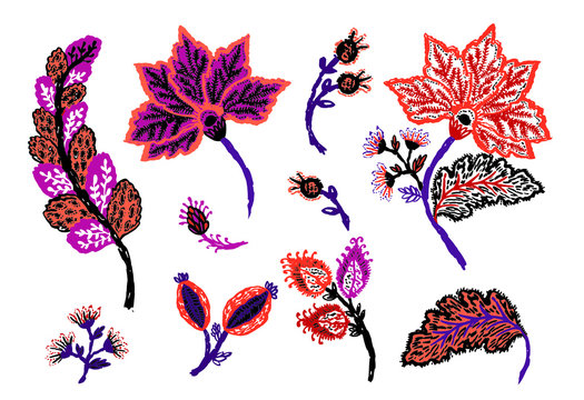 Floral decoration curl illustration. Paisley print hand drawn elements set. 