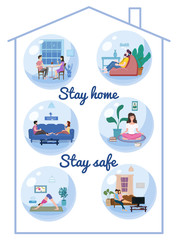 Set Stay home quarantine consept banners self isolation. Young couples and womens and men sitting at home