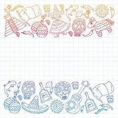 Fototapeta premium Travel to Mexico. Vector set with ethnic elemets for wallpapers, backgrounds. Day of the Dead