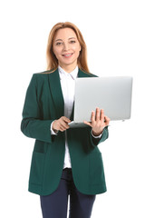 Portrait of stylish businesswoman with laptop on white background