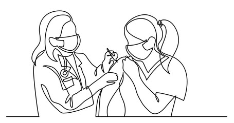 continuous line drawing of doctor in protective mask doing vaccination shot to patient in mask