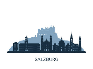 Salzburg skyline, monochrome silhouette. Vector illustration. - obrazy, fototapety, plakaty
