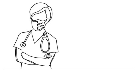 continuous line drawing of nurse in protective mask with stethoscope