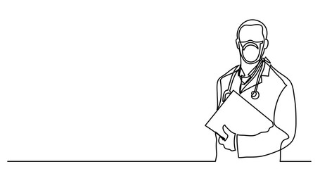 continuous line drawing of standing doctor in protective mask with stethoscope and clipboard