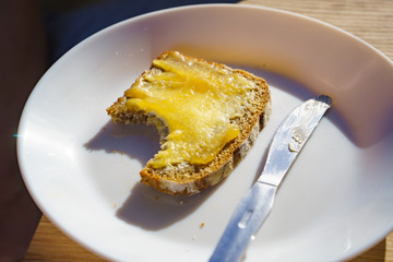 Breakfast. Rye bread slice with honey