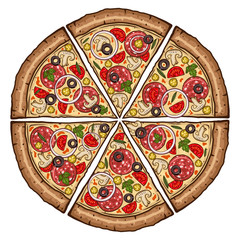 Pizza top view. Cartoon vector food illustration isolated on white background.