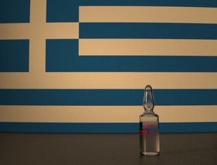 COVID 19 virus vaccine against the backdrop of the Greece flag. Close-up.