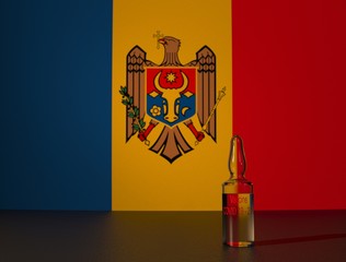 COVID 19 virus vaccine against the backdrop of the Moldova flag. Close-up.