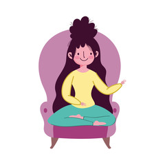 smiling woman sitting in sofa isolated icon on white background