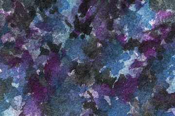 Abstract art background dark violet and navy blue colors. Watercolor painting on canvas with black spots and gradient.