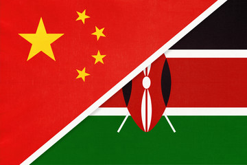 China or PRC vs Kenya national flag from textile. Relationship between Asian and African countries.