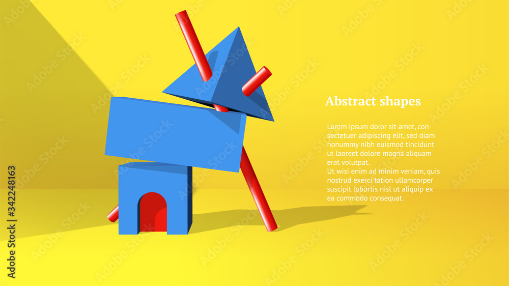 Poster Abstract 3D objects or elements installation balancing in the yellow room for a booklet of banner
