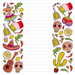 Fototapeta premium Vector pattern for mexican cuisine leaflets. Order mexican cuisine in internet online. Fast delivery. National Mexico ethnic elements. Day of the Dead. Sugar skull.