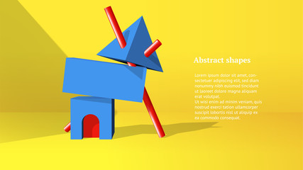 Abstract 3D objects or elements installation balancing in the yellow room for a booklet of banner