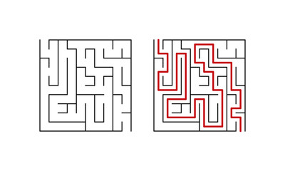 Labyrinth maze. Simple puzzle with solution. Vector illustration.