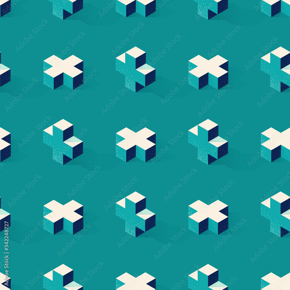 Poster Seamless pattern with cross or plus shape on green background in modern dotted texture style