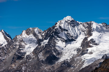 Fototapeta na wymiar Snow peak in Himalayas mountain range view from Khare village, Mera region, Nepal