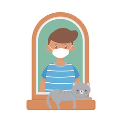 stay at home, young man with mask and cat in the window