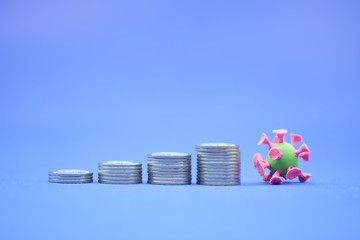 Money, Financial,Saving, Business Growth concept, Closeup of stack of coins and mini corona virus ball on blue background and copy space for text.