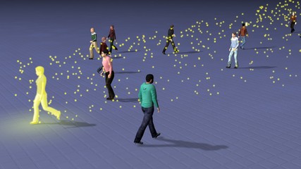 Person spreading virus among population . Infected human spreads germs , disease. Glowing particles indicating viral contagion spreading among population . Pandemic theme. 3d rendering illustration