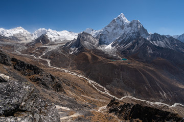 Ama Dablam mountain peak view from Dingboche view point in Everest base camp trekking route, Himalaya mountains range in Nepal