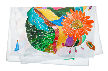 folded silk scarf with hand-drawn flowers isolated
