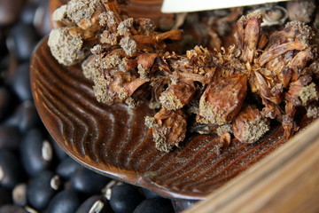 Brown seeds of Lasia Spinosa are on brown wood dish, Thailand.