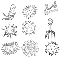 Collection of virus and germs. Hand drawn illustration on isolated white background.