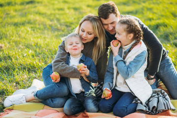 Fototapeta premium Family picnic with apples on the green grass.