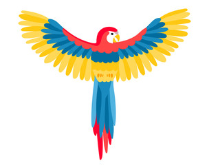 The big beautiful Aru parrot with spread wings in flat style. A bird flies spreading its wings or sits.Beautiful feathers are yellow,blue and red.Vector clip-art isolated on white background