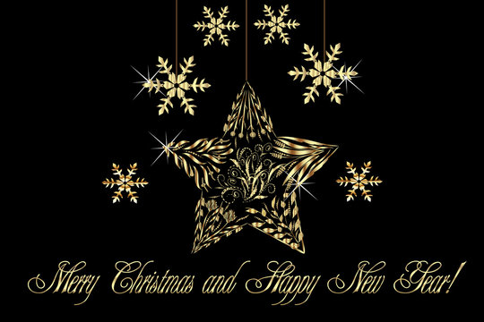 Christmas tree gold snowflakes star greetings card