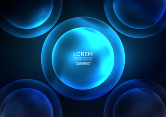 Glowing neon shiny transparent bubbles, glass circles or bio cell concept. Techno futuristic vector abstract background For Wallpaper, Banner, Background, Card, Book Illustration, landing page