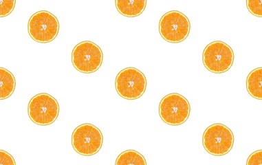 Seamless pattern of isolated slices of orange. Wallpaper for background, design and packaging.