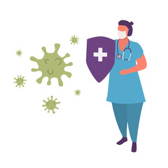 Doctor  is protected coronavirus outbreak with a shield.Female wearing face masks.Virus attacks respiratory tract. Pandemic medical health. Vector flat cartoon style.